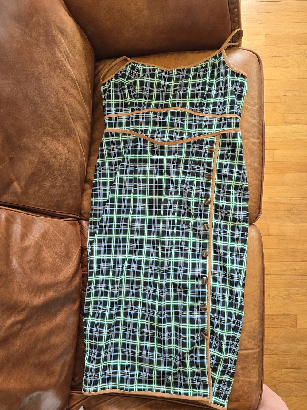 Maeve Green and Blue Plaid Midi Dress with Tan Trim